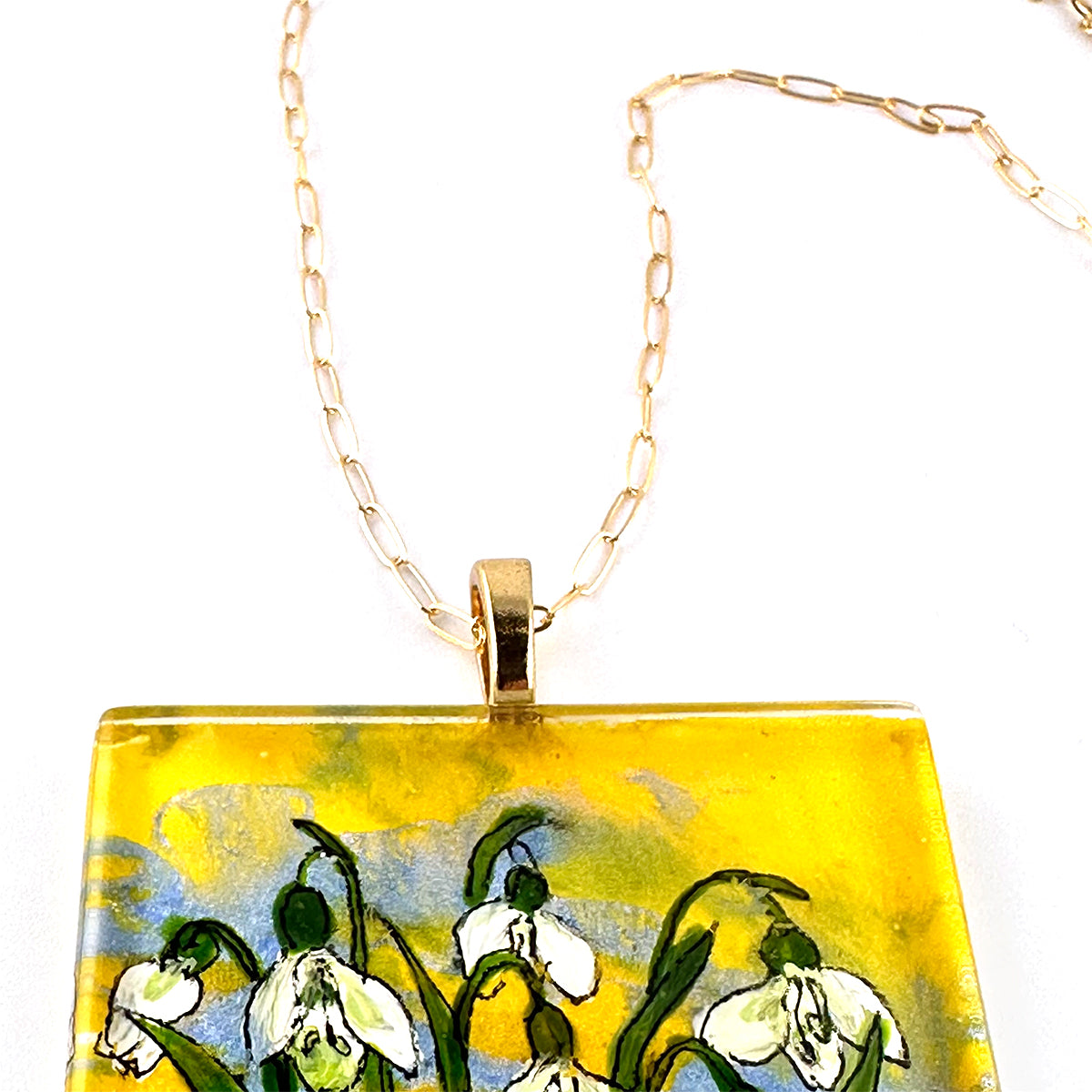Snowdrops Hand-painted Pendant onFreshwater Pearl Necklace