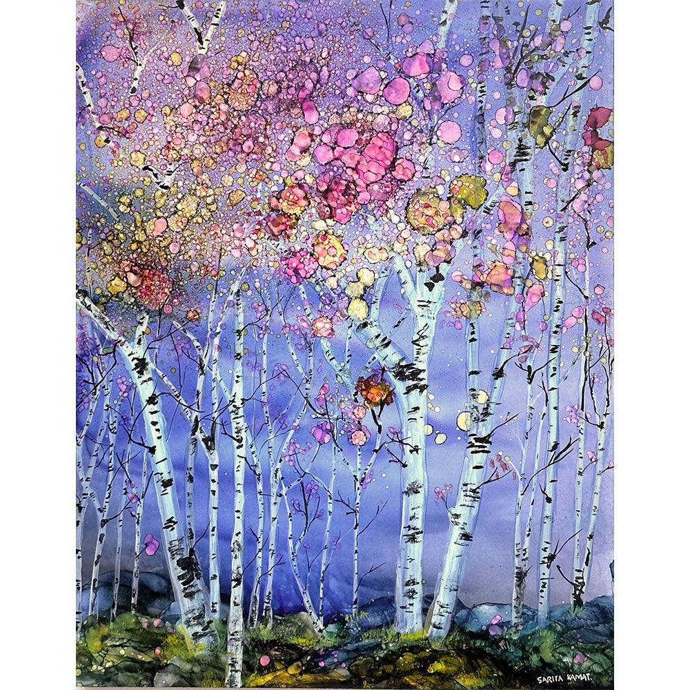 The Birch Forest # 12, : 11" W x 14" H x 3/4" D Alcohol Ink Painting