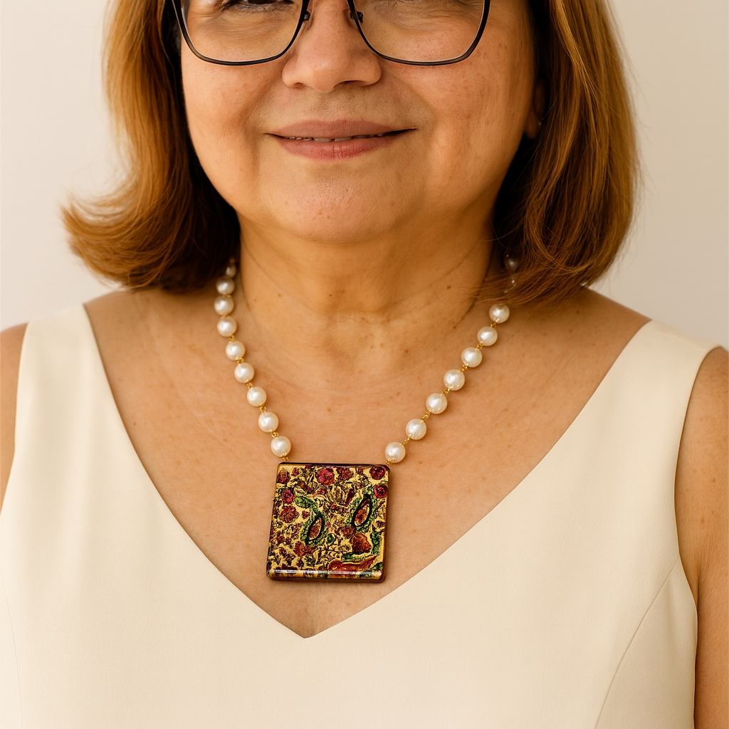 Paisley Pattern Hand-painted Pendant onFreshwater Pearl Necklace