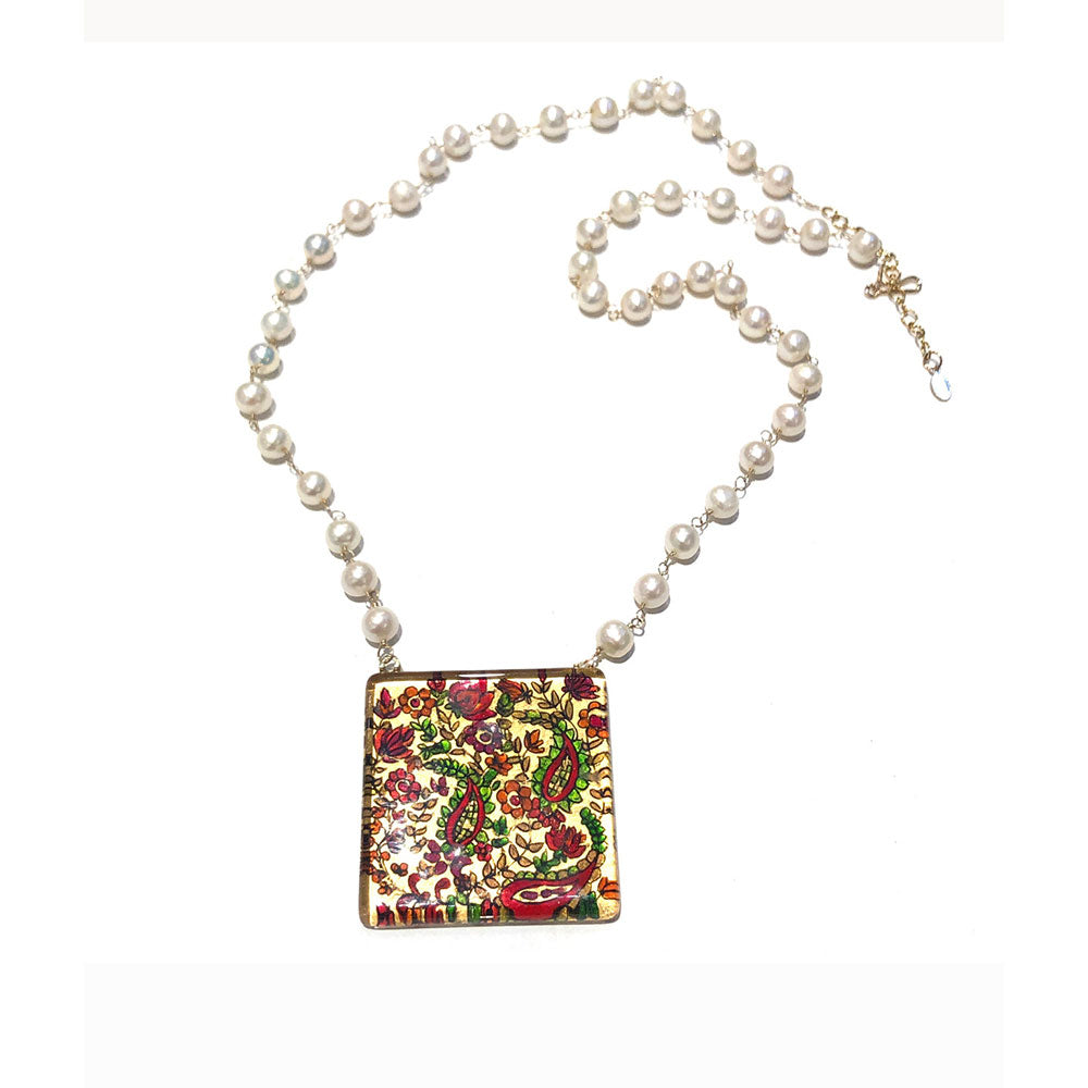 Paisley Pattern Hand-painted Pendant onFreshwater Pearl Necklace