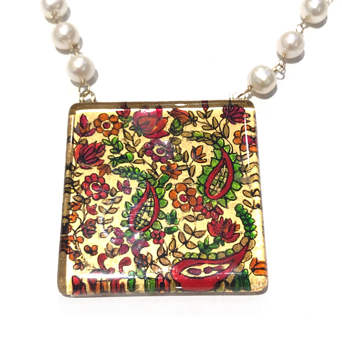 Paisley Pattern Hand-painted Pendant onFreshwater Pearl Necklace