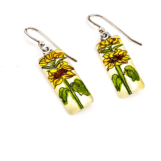 Hand-painted Sunflower Inspired Glass Earrings - Sterling Silver