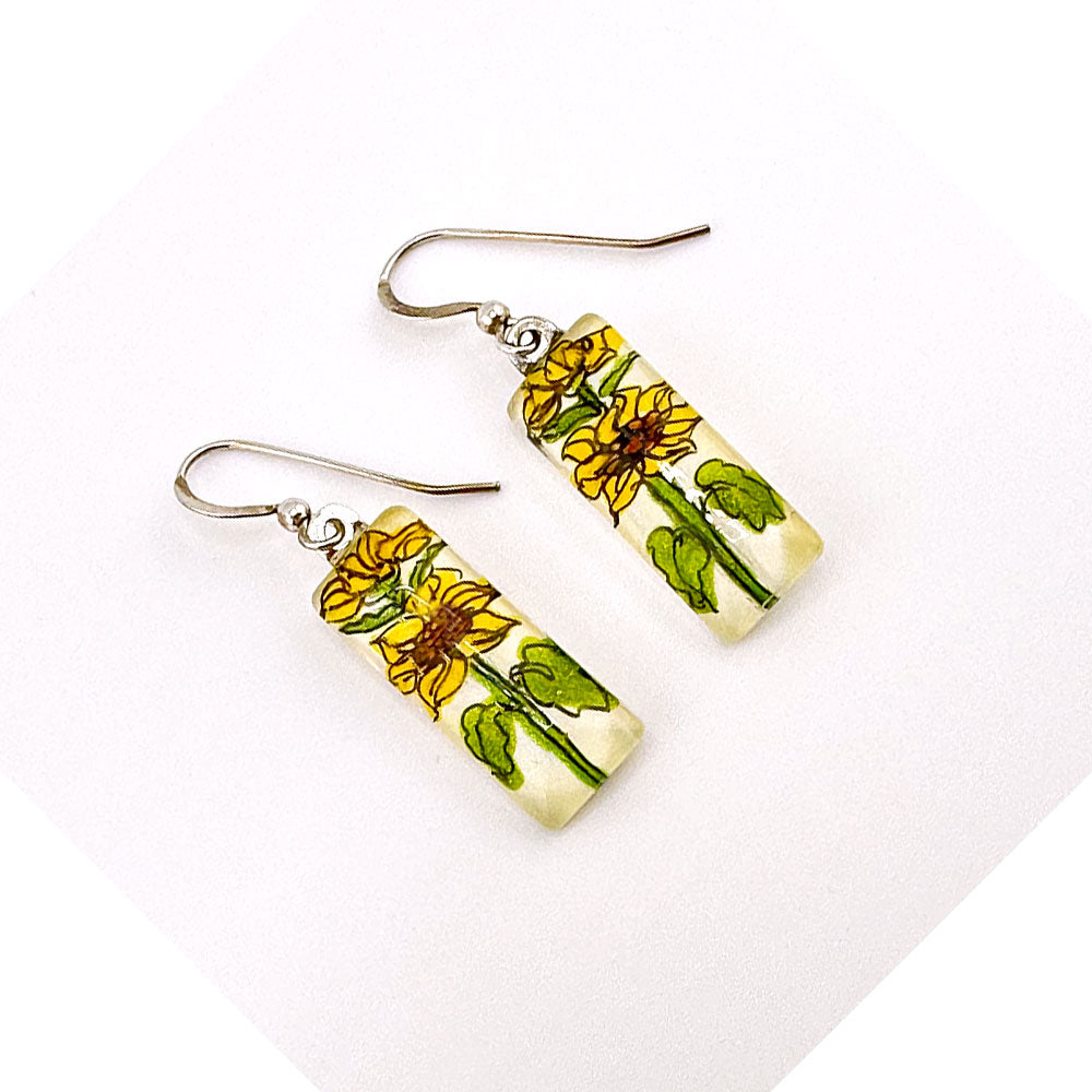 Hand-painted Sunflower Inspired Glass Earrings - Sterling Silver