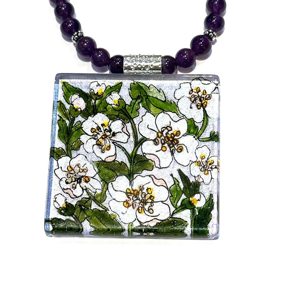 Syringa Flowers Hand-painted Pendant on Amethyst necklace