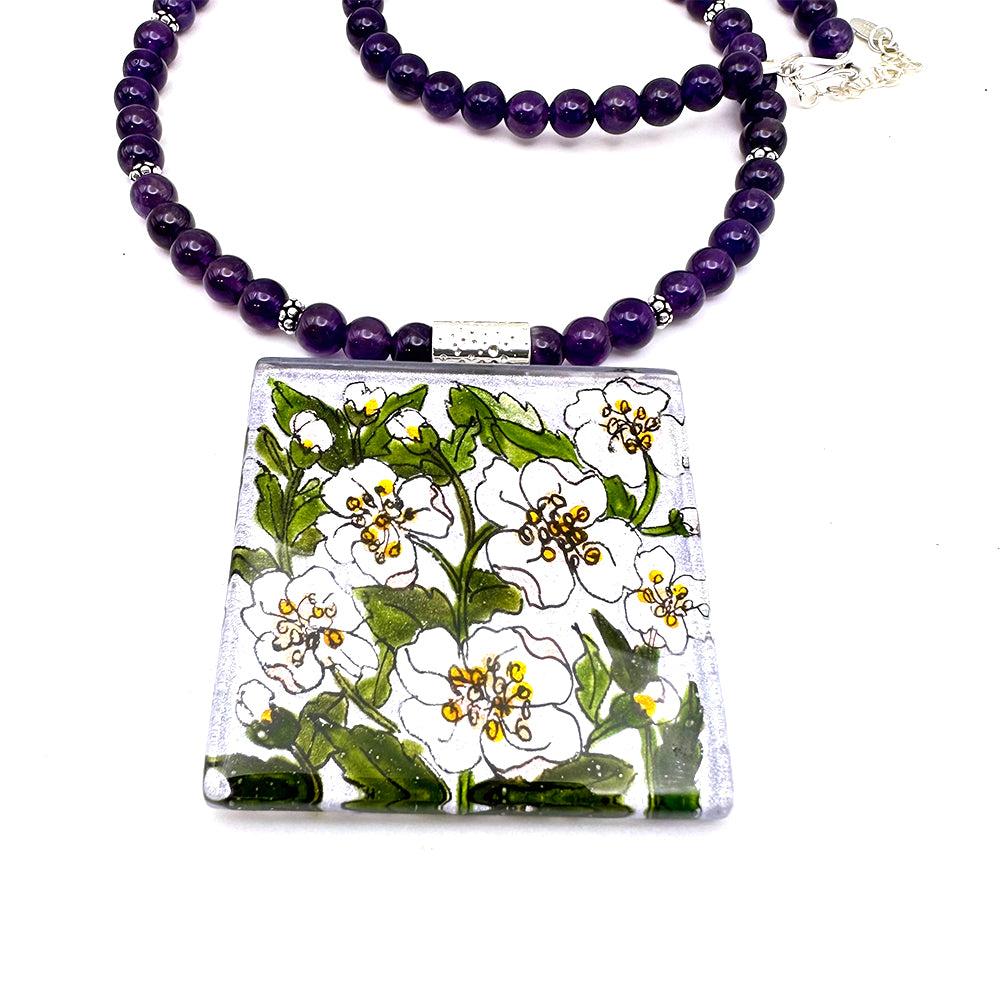 Syringa Flowers Hand-painted Pendant on Amethyst necklace