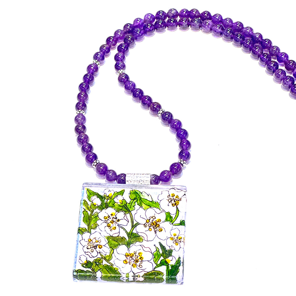Syringa Flowers Hand-painted Pendant on Amethyst necklace
