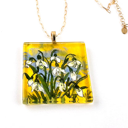 Snowdrops Hand-painted Pendant onFreshwater Pearl Necklace