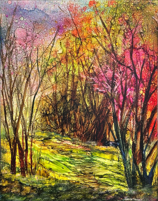 Pathway to the Sunlit Woods :  11" W x 14" H x 2" D Alcohol Ink Painting