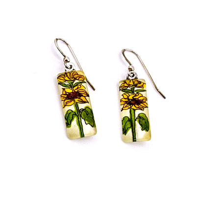 Hand-painted Sunflower Inspired Glass Earrings - Sterling Silver