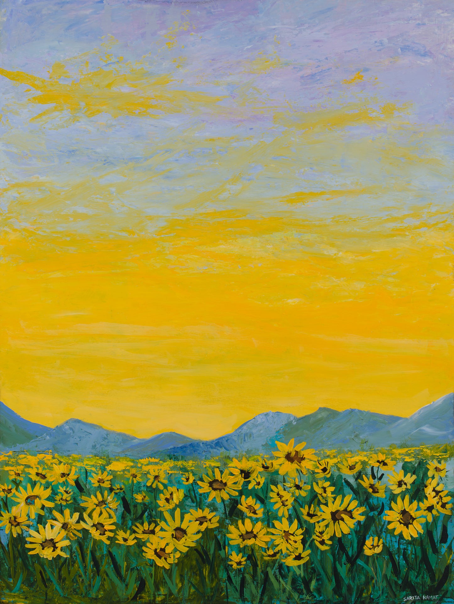 Where the Sunflowers Meet the Mountains - Acrylic Painting