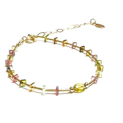 Multi Tourmaline Square Heishi and 14k gf Tube and Round Beads Bracelet, 14k gold-filled