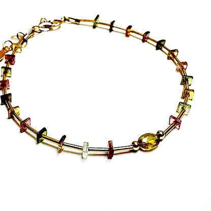 Multi Tourmaline Square Heishi and 14k gf Tube and Round Beads Bracelet, 14k gold-filled