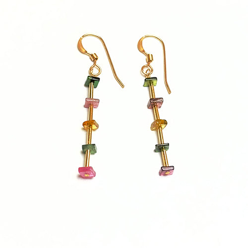 Multi Tourmaline Square Heishi and 14k gf Tube and Round Beads Earrings 14k gold-filled