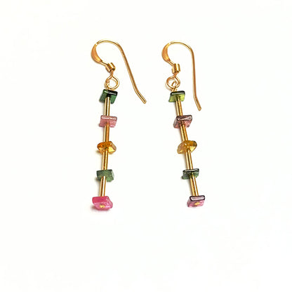 Multi Tourmaline Square Heishi and 14k gf Tube and Round Beads Earrings 14k gold-filled