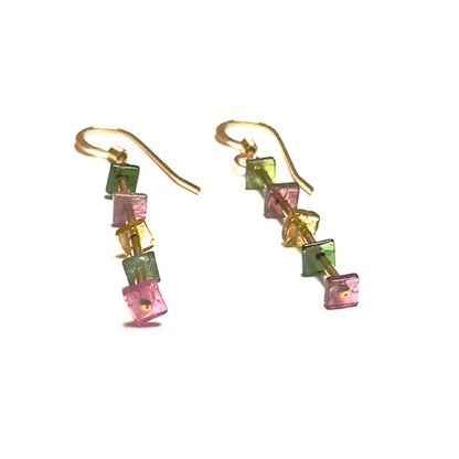Multi Tourmaline Square Heishi and 14k gf Tube and Round Beads Earrings 14k gold-filled