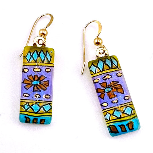 Colorful Turkish rug-inspired earrings by Sarita Kamat