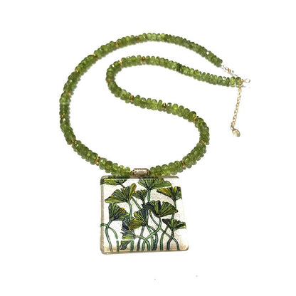 Gingko Leaves Hand-painted Pendant on Peridot Necklace