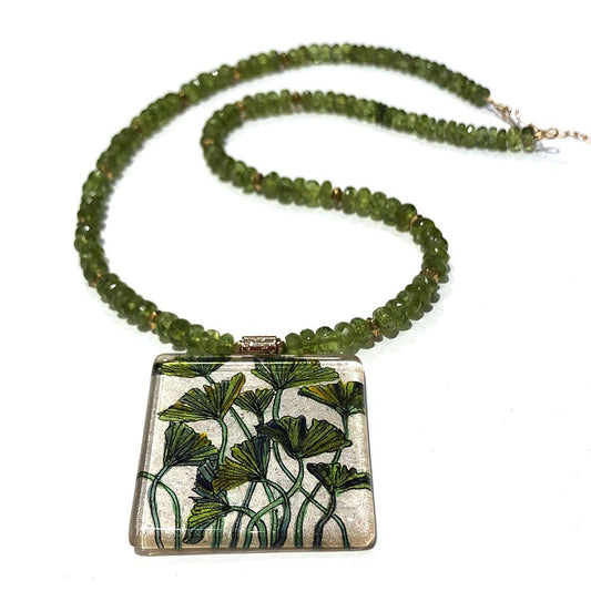 Gingko Leaves Hand-painted Pendant on Peridot Necklace