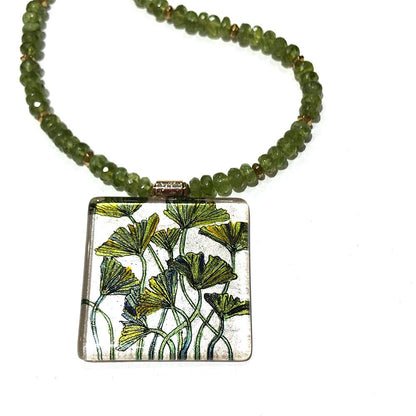 Gingko Leaves Hand-painted Pendant on Peridot Necklace