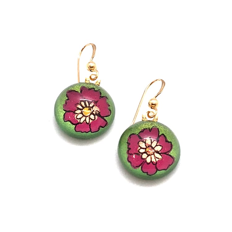 Pink and Green Flower Earrings