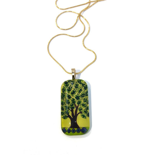 Tree of Life Hand-painted Glass Pendant Gold Necklace