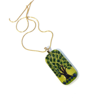 Tree of Life Hand-painted Glass Pendant Gold Necklace