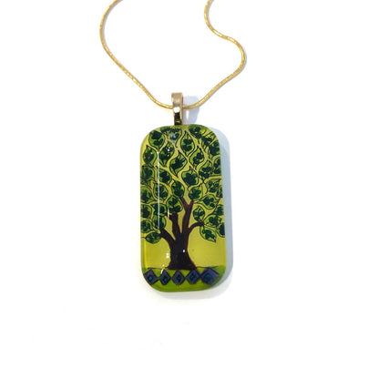 Tree of Life Hand-painted Glass Pendant Gold Necklace