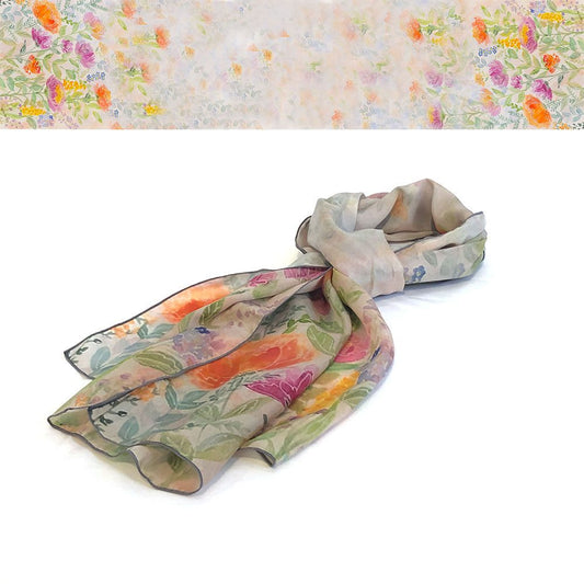 Floral watercolor silk scarf featuring artwork by Sarita Kamat