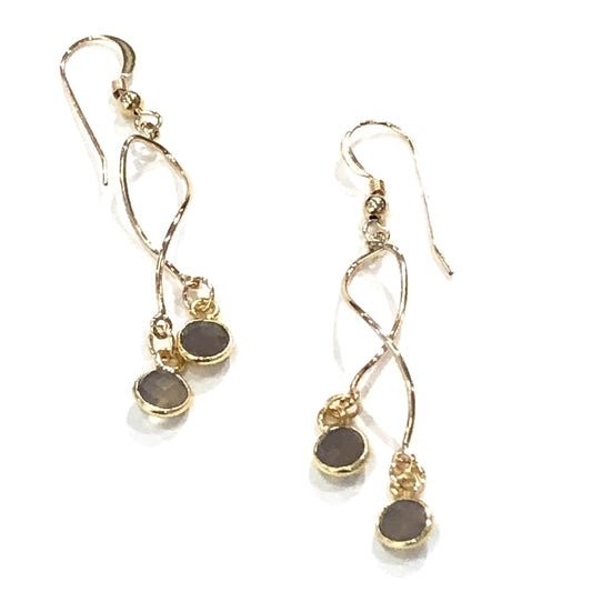 Gray moonstone drop earrings with 14k gold-filled swirls by Sarita Kamat