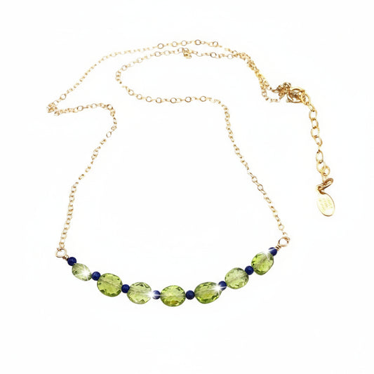 Peridot and lapis lazuli gemstone necklace by Sarita Kamat